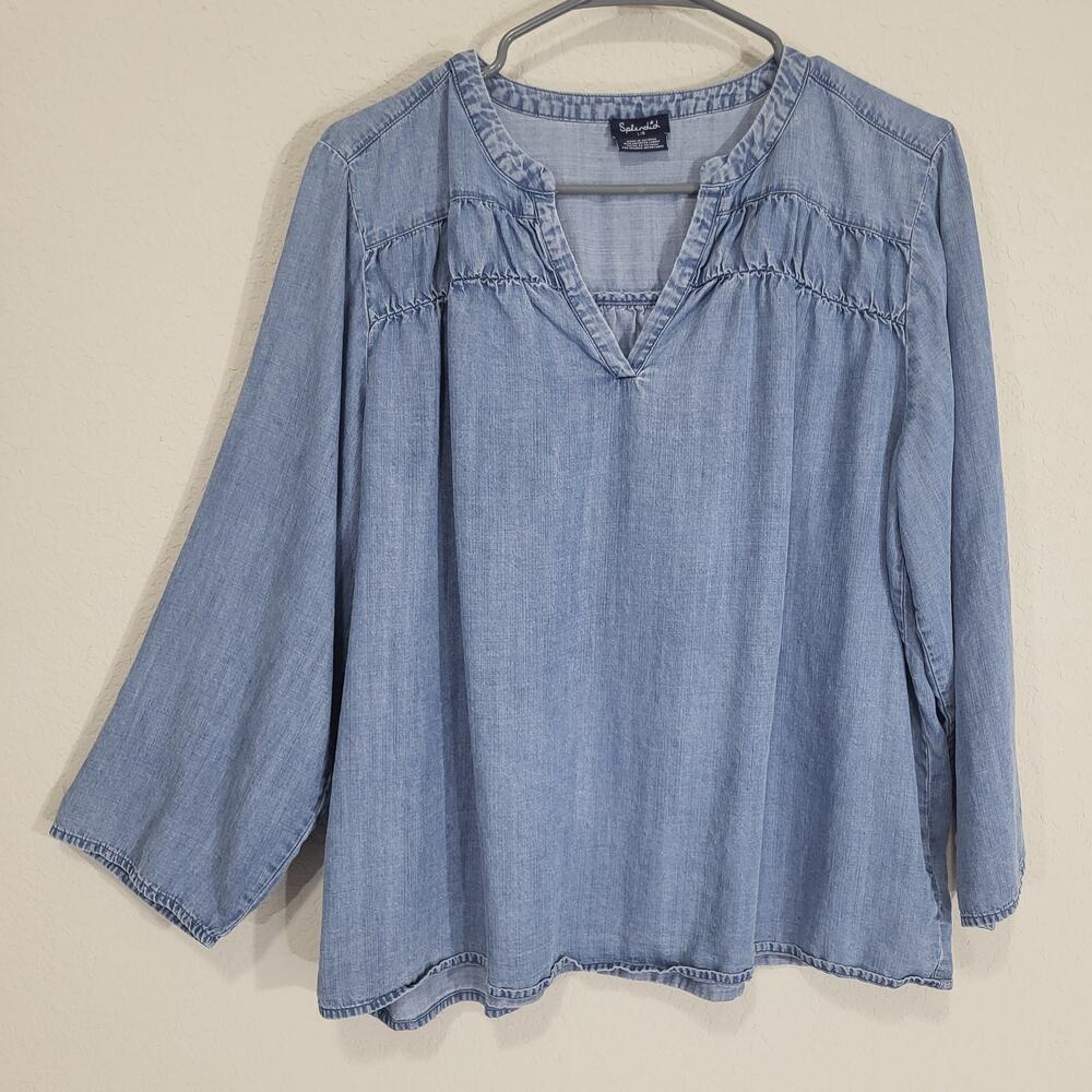 Splendid Chambray Peasant Blouse Top Women's Large Lyocell Blue Ruffle Smocked
